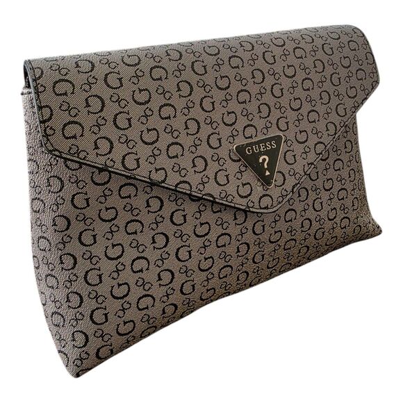 GUESS Clutch Bag Gray Black Logo Print Envelope Purse Women’s Handbag - Picture 10 of 14